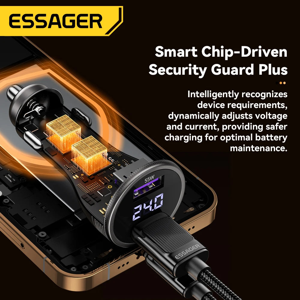 Essager 73W USB C Car Charger Quick Charge 4.0 PD3.0 Fast Charging Adapter for IPhone16 15 MacBook Xiaomi Laptop Digital Display