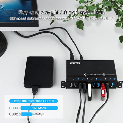 Sipolar Industrial 10 Port USB 3.0 Data And Charger Mountable Rugged USB Hub with Wall Mountable For assembly Lines Server Rack