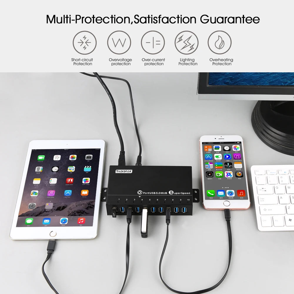 Sipolar Industrial 10 Port USB 3.0 Data And Charger Mountable Rugged USB Hub with Wall Mountable For assembly Lines Server Rack