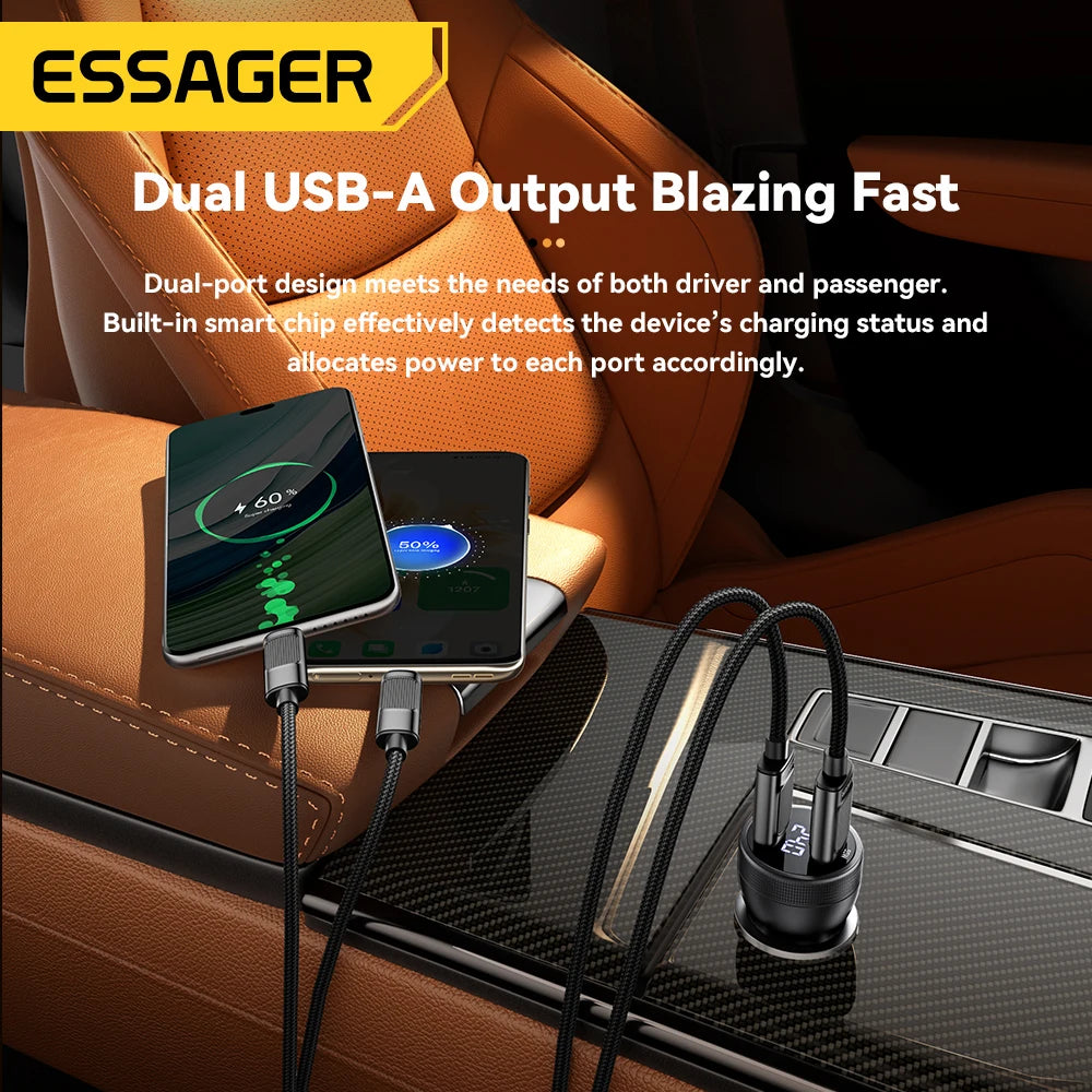 Essager 73W USB C Car Charger Quick Charge 4.0 PD3.0 Fast Charging Adapter for IPhone16 15 MacBook Xiaomi Laptop Digital Display
