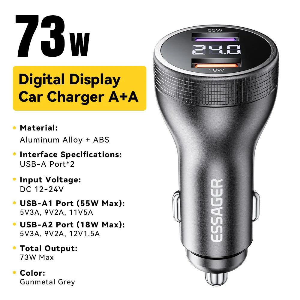 Essager 73W USB C Car Charger Quick Charge 4.0 PD3.0 Fast Charging Adapter for IPhone16 15 MacBook Xiaomi Laptop Digital Display