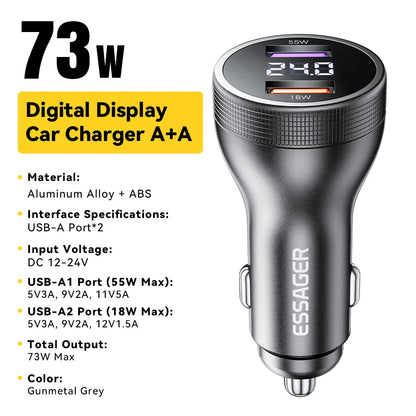 Essager 73W USB C Car Charger Quick Charge 4.0 PD3.0 Fast Charging Adapter for IPhone16 15 MacBook Xiaomi Laptop Digital Display