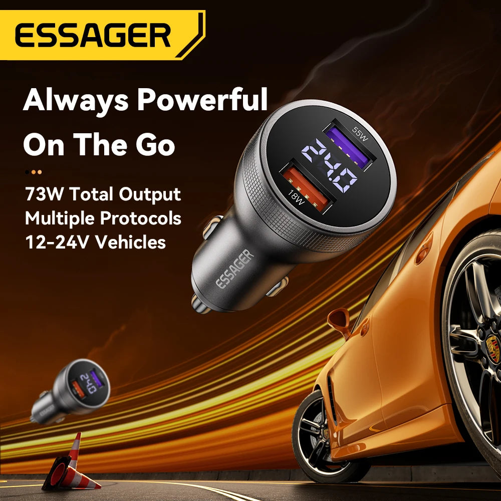 Essager 73W USB C Car Charger Quick Charge 4.0 PD3.0 Fast Charging Adapter for IPhone16 15 MacBook Xiaomi Laptop Digital Display