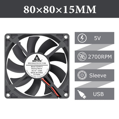 2pcs/lot Gdstime DC 5V 12V 24V 2Pin 3pin USB IDE 4Pin 80mm x 80mm x 15mm 8015 Cooler For PC Computer Case Cooling CPU Silent Fan