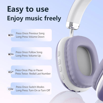 Bluetooth Headphones Over Ear Wireless Headset HiFi Music Gaming Comfortable Mic for iPhone Android PC Travel Sports Gift Purple