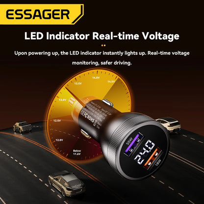 Essager 73W USB C Car Charger Quick Charge 4.0 PD3.0 Fast Charging Adapter for IPhone16 15 MacBook Xiaomi Laptop Digital Display