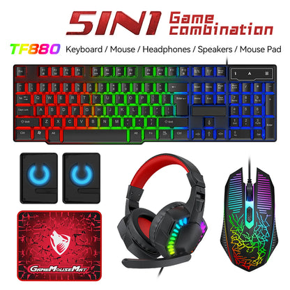 5-in-1 Set Gaming Combo Keyboard 4-color Breathing Light Mouse 3.5mm Gaming Headset Gaming Speaker Anti-slip Mouse Pad NEW HOT
