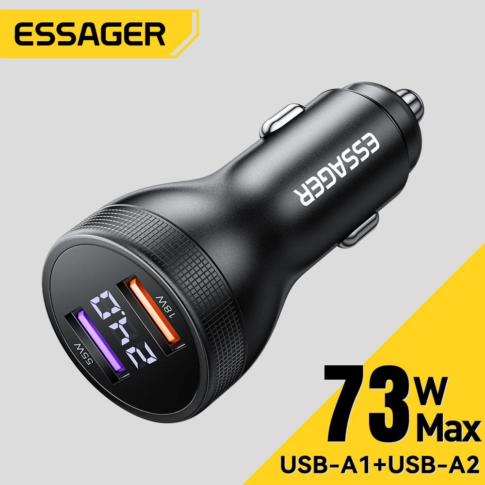Essager 73W USB C Car Charger Quick Charge 4.0 PD3.0 Fast Charging Adapter for IPhone16 15 MacBook Xiaomi Laptop Digital Display